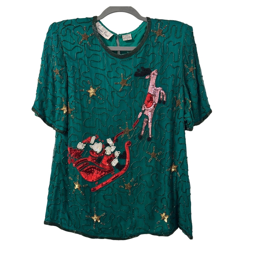 Lawrence Kazar New York‎ Beaded Silk Top Womens M Christmas Santa Sleigh Glam
